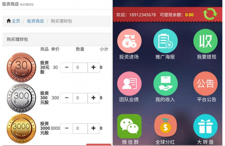投资金银铜币理财分红会员管理系统前台截图