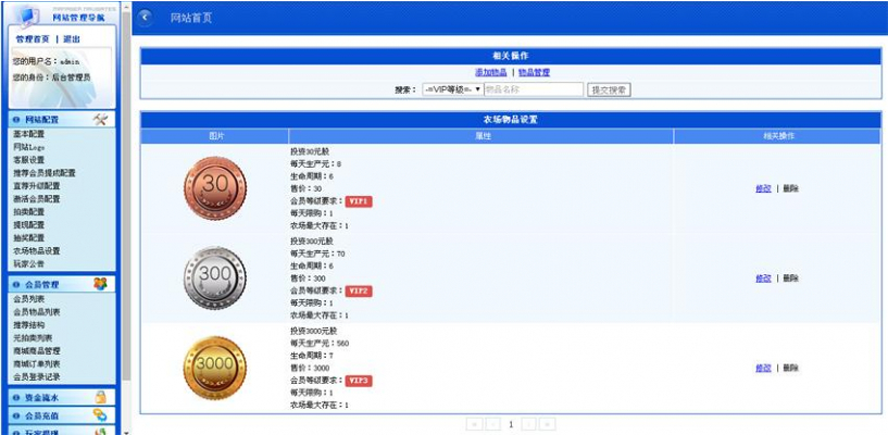 投资金银铜币理财分红会员管理系统后台截图